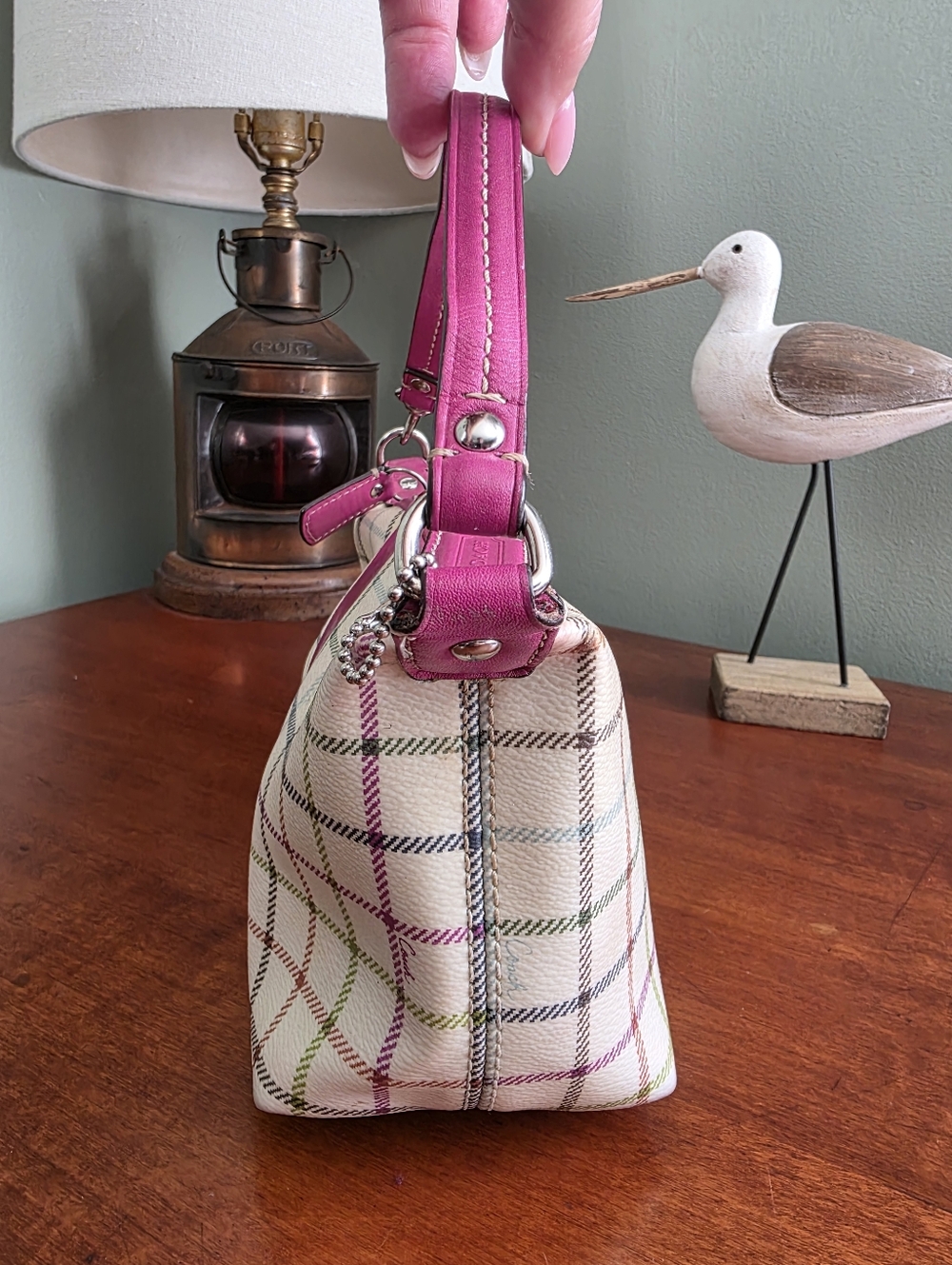 Coach Tattersall Demi Mini Shoulder Bag Pink Cream Canvas Leather Purse Y2K - Picture 3 of 16